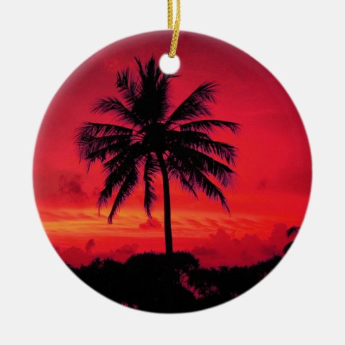 Red Hawaiian Sunset Exotic Palm Trees Ceramic Ornament
