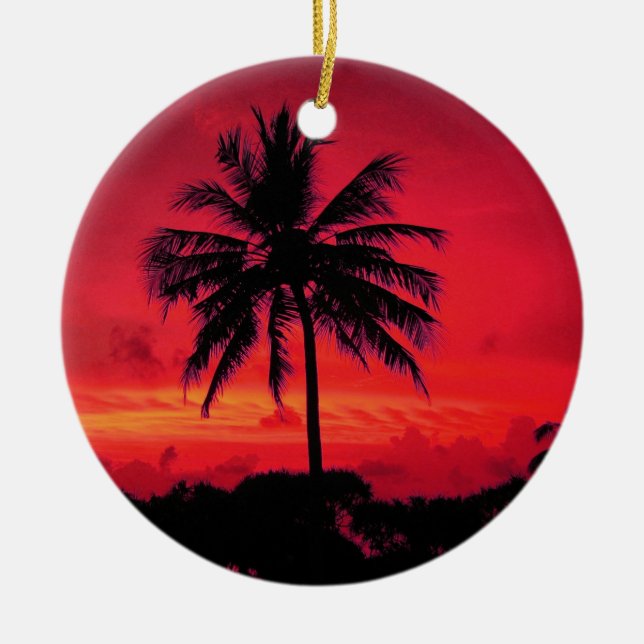 Red Hawaiian Sunset Exotic Palm Trees Ceramic Ornament (Front)