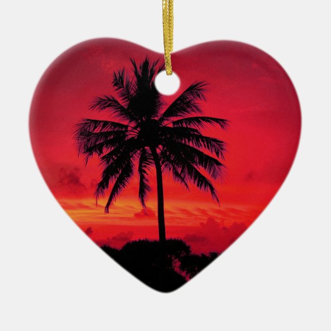Red Hawaiian Sunset Exotic Palm Trees Ceramic Ornament (Front)
