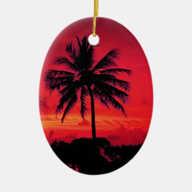 Red Hawaiian Sunset Exotic Palm Trees Ceramic Ornament (Front)