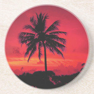 Red Hawaiian Sunset Exotic Palm Trees Drink Coaster
