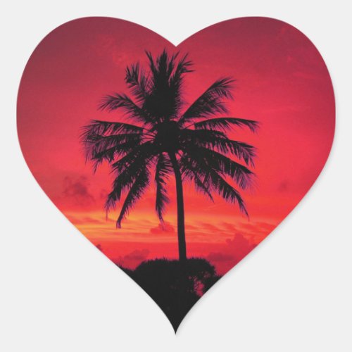 Red Hawaiian Sunset Exotic Palm Trees Heart Sticker