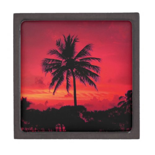 Red Hawaiian Sunset Exotic Palm Trees Jewelry Box