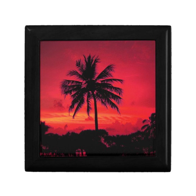 Red Hawaiian Sunset Exotic Palm Trees Jewelry Box (Front)