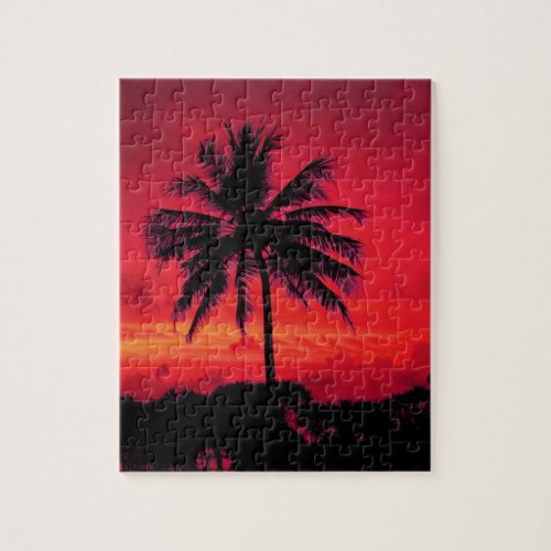 Red Hawaiian Sunset Exotic Palm Trees Jigsaw Puzzle