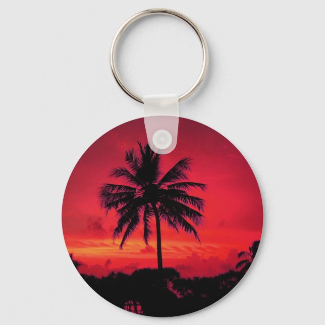 Red Hawaiian Sunset Exotic Palm Trees Keychain (Front)