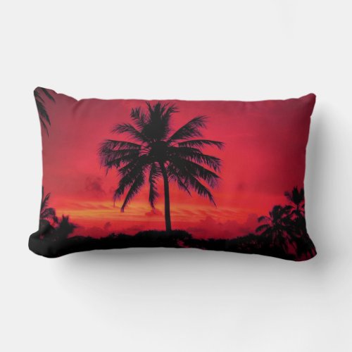 Red Hawaiian Sunset Exotic Palm Trees Lumbar Pillow