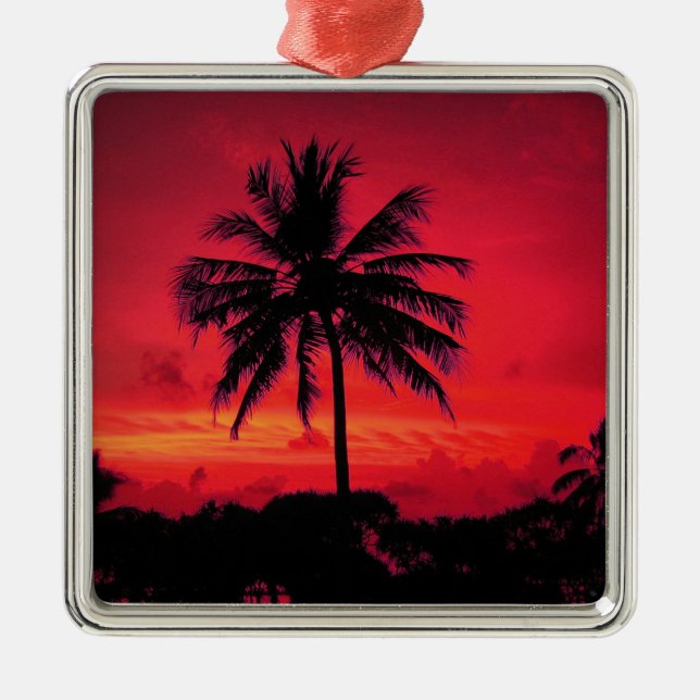 Red Hawaiian Sunset Exotic Palm Trees Metal Ornament (Front)