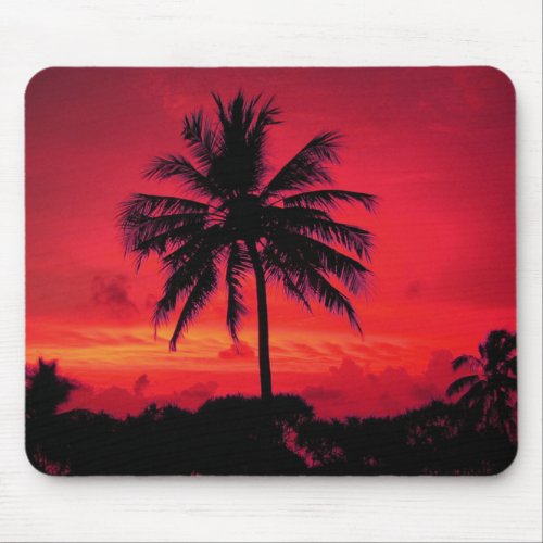 Red Hawaiian Sunset Exotic Palm Trees Mouse Pad