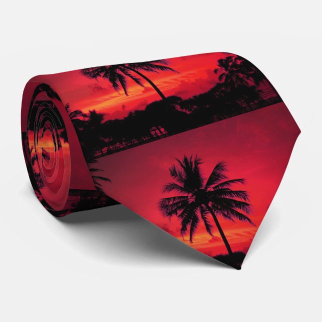 Red Hawaiian Sunset Exotic Palm Trees Neck Tie (Rolled)