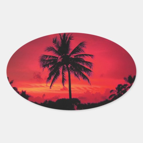 Red Hawaiian Sunset Exotic Palm Trees Oval Sticker