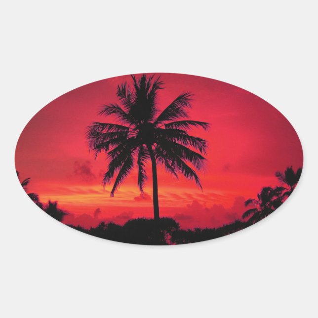 Red Hawaiian Sunset Exotic Palm Trees Oval Sticker (Front)
