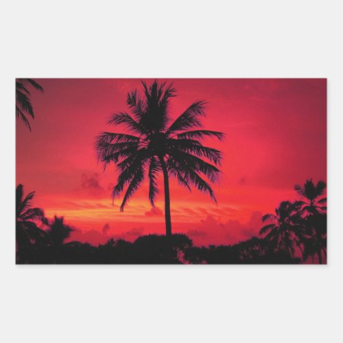 Red Hawaiian Sunset Exotic Palm Trees Rectangular Sticker