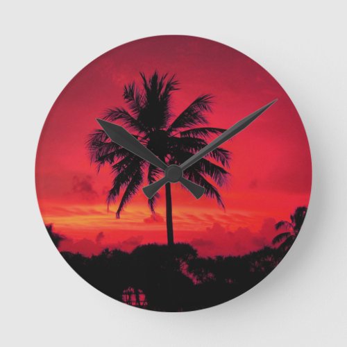 Red Hawaiian Sunset Exotic Palm Trees Round Clock