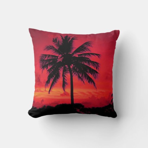 Red Hawaiian Sunset Exotic Palm Trees Throw Pillow