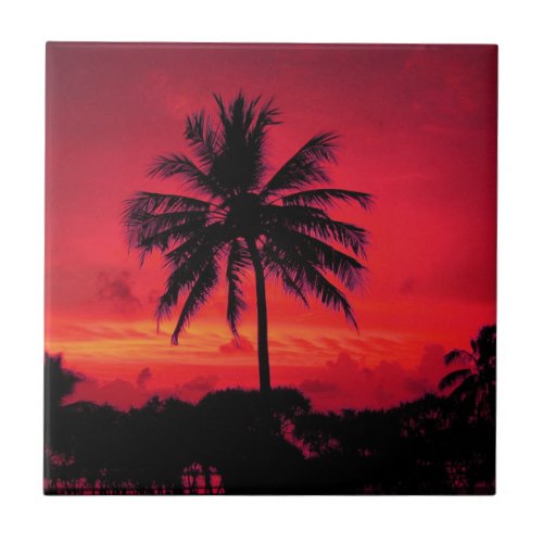 Red Hawaiian Sunset Exotic Palm Trees Tile