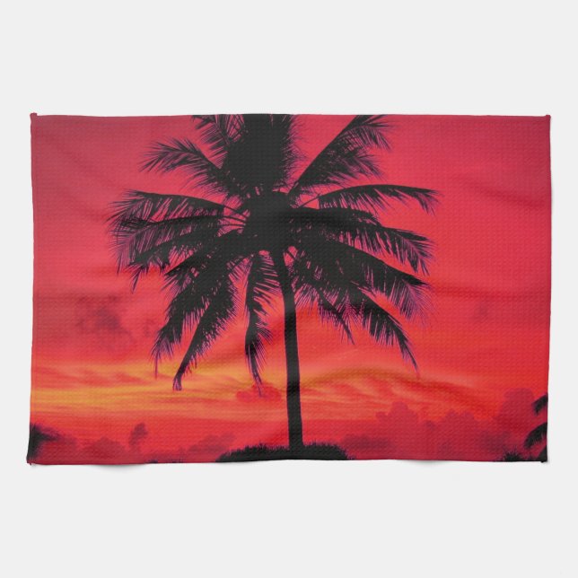 Red Hawaiian Sunset Exotic Palm Trees Towel (Horizontal)