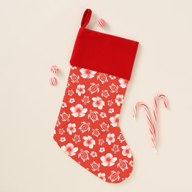 Red Hawaiian Turtles and Hibiscus Christmas Stocking (Front)