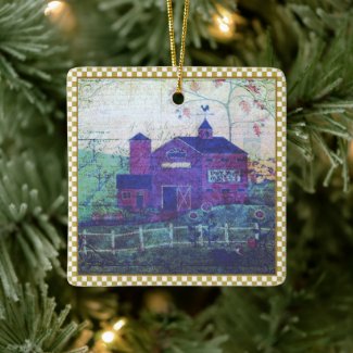 Red Hay Barn Ephemera Ceramic Ornament