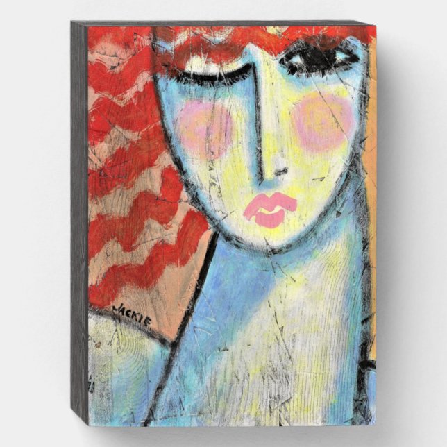 Red Head Abstract Portrait of a Woman on OSB Board Wooden Box Sign (Front Vertical)