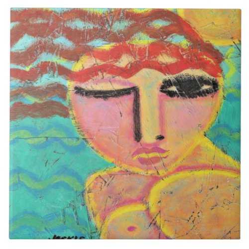 Red Head at the Beach Abstract Portrait on OSB  Ceramic Tile