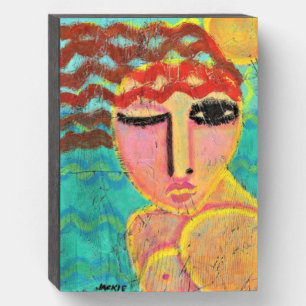 Red Head at the Beach Abstract Portrait on OSB Wooden Box Sign