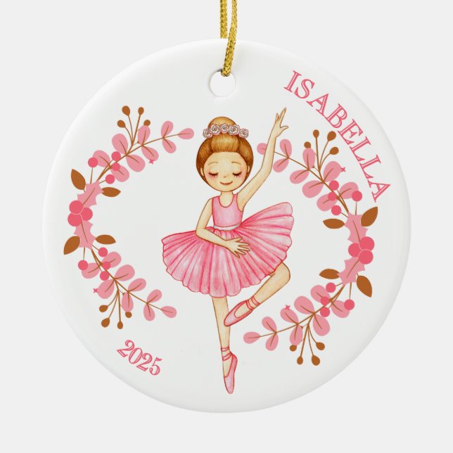Red-Head Ballerina in Pink  Ceramic Ornament (Front)