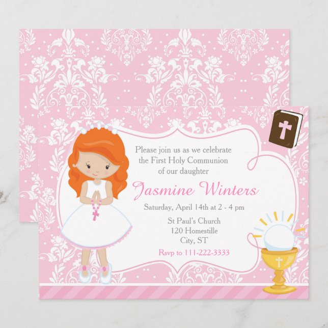 Red Head Girl First Communion Damask Invitation (Front/Back)