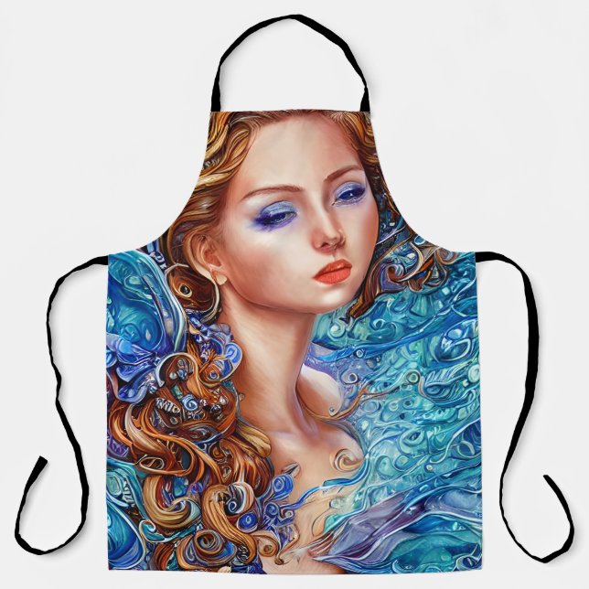 Red Head Goddess Blue Ocean Waves Fantasy Art Apron (Front)