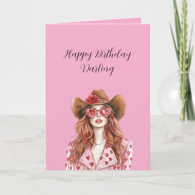 Red Head Lady Cowgirl Hearts Birthday Card (Front)