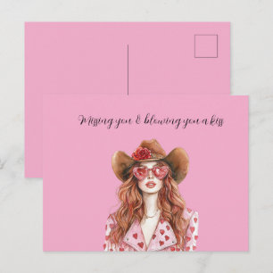 Red Head Lady Cowgirl Hearts Blowing You A Kiss Postcard