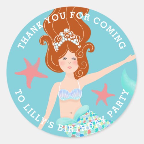 Red Head Mermaid Birthday Favor Classic Round Sticker
