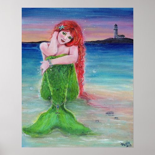 Red head mermaid on the beach with lighthouse poster