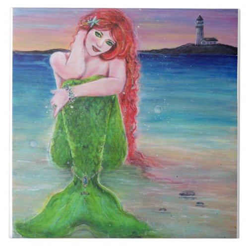 Red head mermaid on the beach with lighthouse tile
