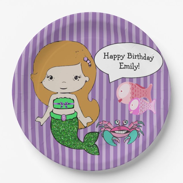Red Head Mermaid Purple Birthday Party Plates (Front)
