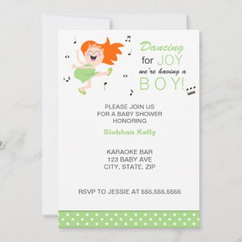 Red Head Mom Dancing For Joy Green Baby Boy Shower Invitation by PeachyPrints at Zazzle