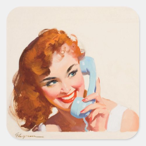 Red Head on the Phone Pin Up Art Square Sticker