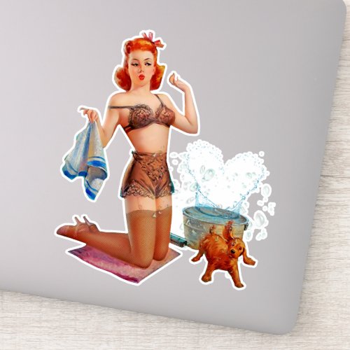 Red Head Pin_up Girl with little dog Sticker
