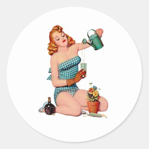 Red Head Pin_up in Plaid Dress Watering Flowers  Classic Round Sticker