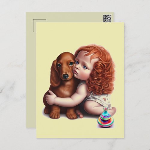 Red Head toddler hugging Dachshund Postcard
