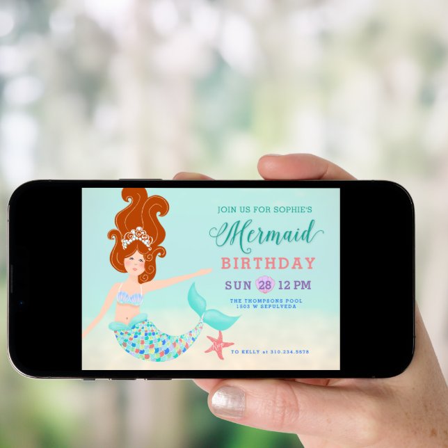 Red Head White Mermaid Birthday Party Invitation (Front Digital)