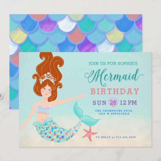 Red Head White Mermaid Birthday Party Invitation (Front/Back)