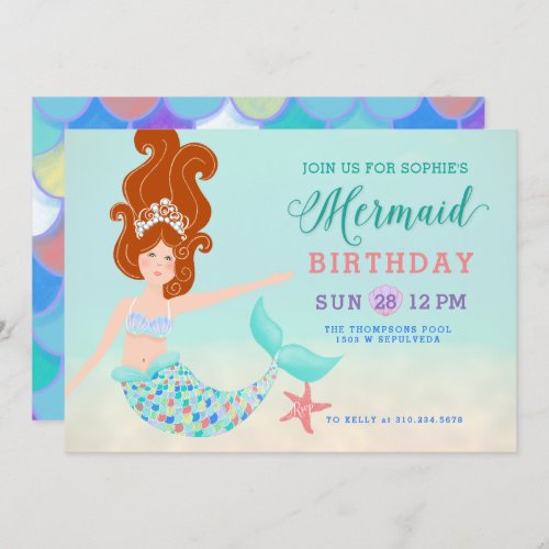 Red Head White Mermaid Birthday Party Invitation
