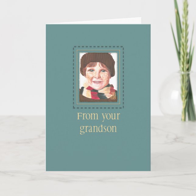 Red-headed Boy on Teal to Grandpa Birthday Card (Front)