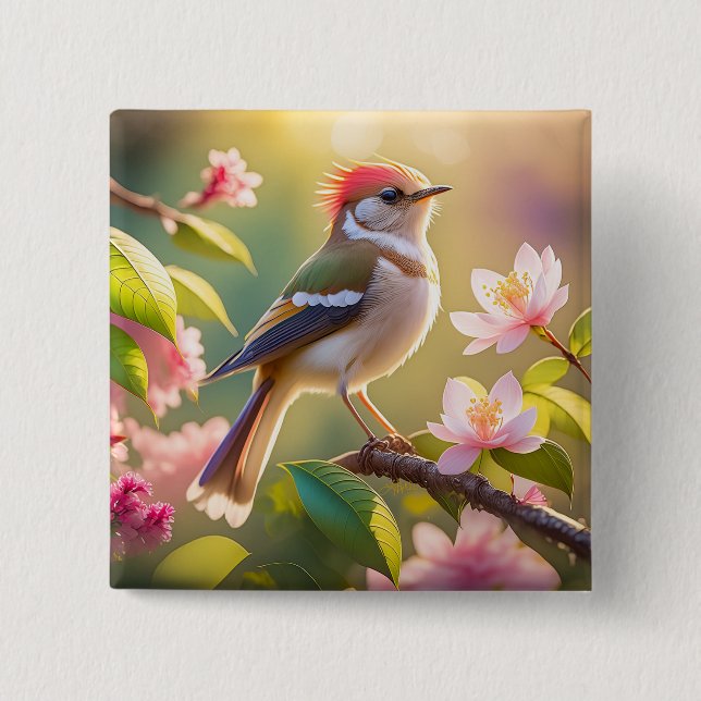 Red Headed Buff Chested Warbler Fantasy Bird Button (Front)