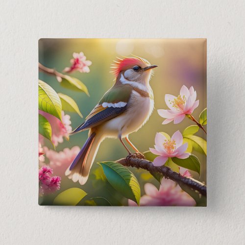 Red Headed Buff Chested Warbler Fantasy Bird Button