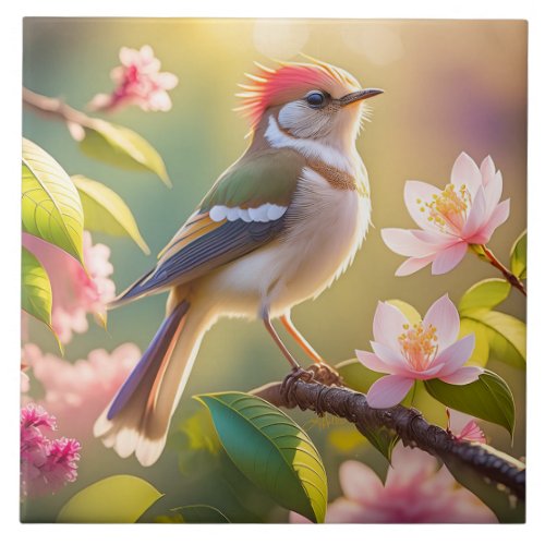 Red Headed Buff Chested Warbler Fantasy Bird Ceramic Tile