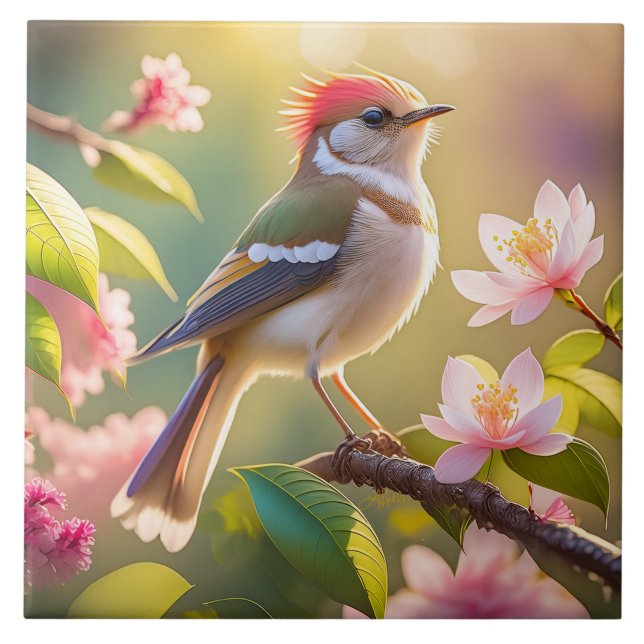 Red Headed Buff Chested Warbler Fantasy Bird Ceramic Tile (Front)