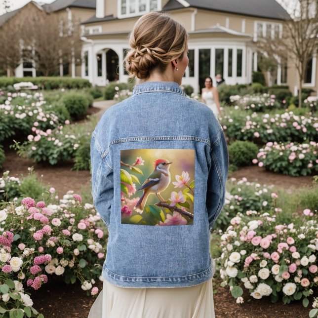 Red Headed Buff Chested Warbler Fantasy Bird Denim Jacket (Wedding Back)