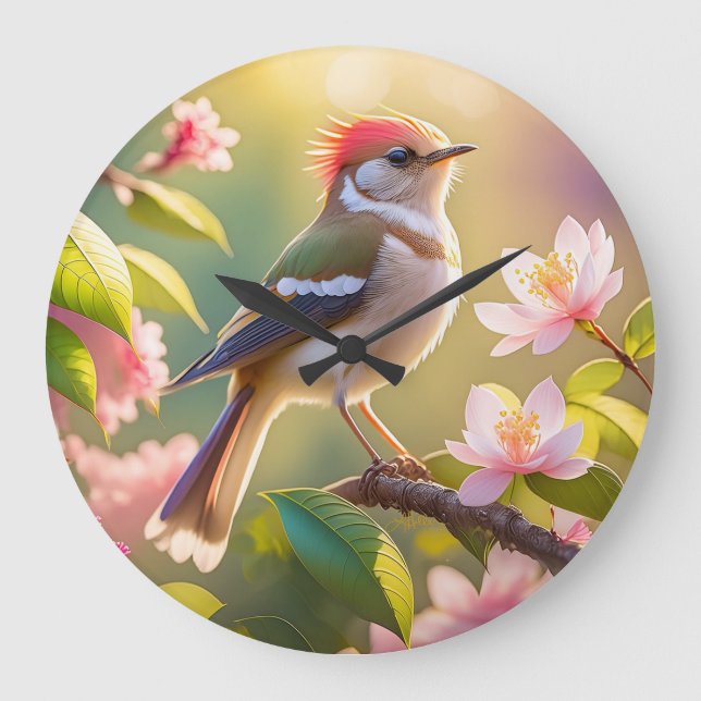 Red Headed Buff Chested Warbler Fantasy Bird Large Clock (Front)